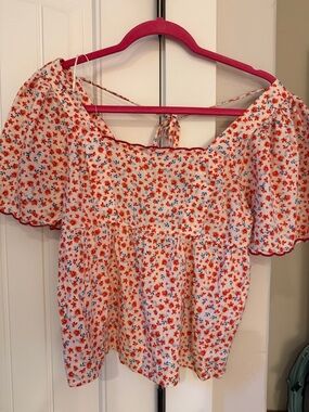 Old Navy White Peasant Top with Red Floral Print
